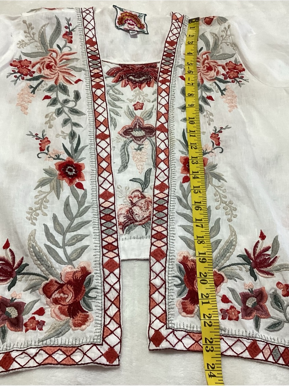 Johnny Was 100% Linen Floral Embroidered Kimono Cardigan S Boho Hi-Low waterfall - Picture 8 of 9